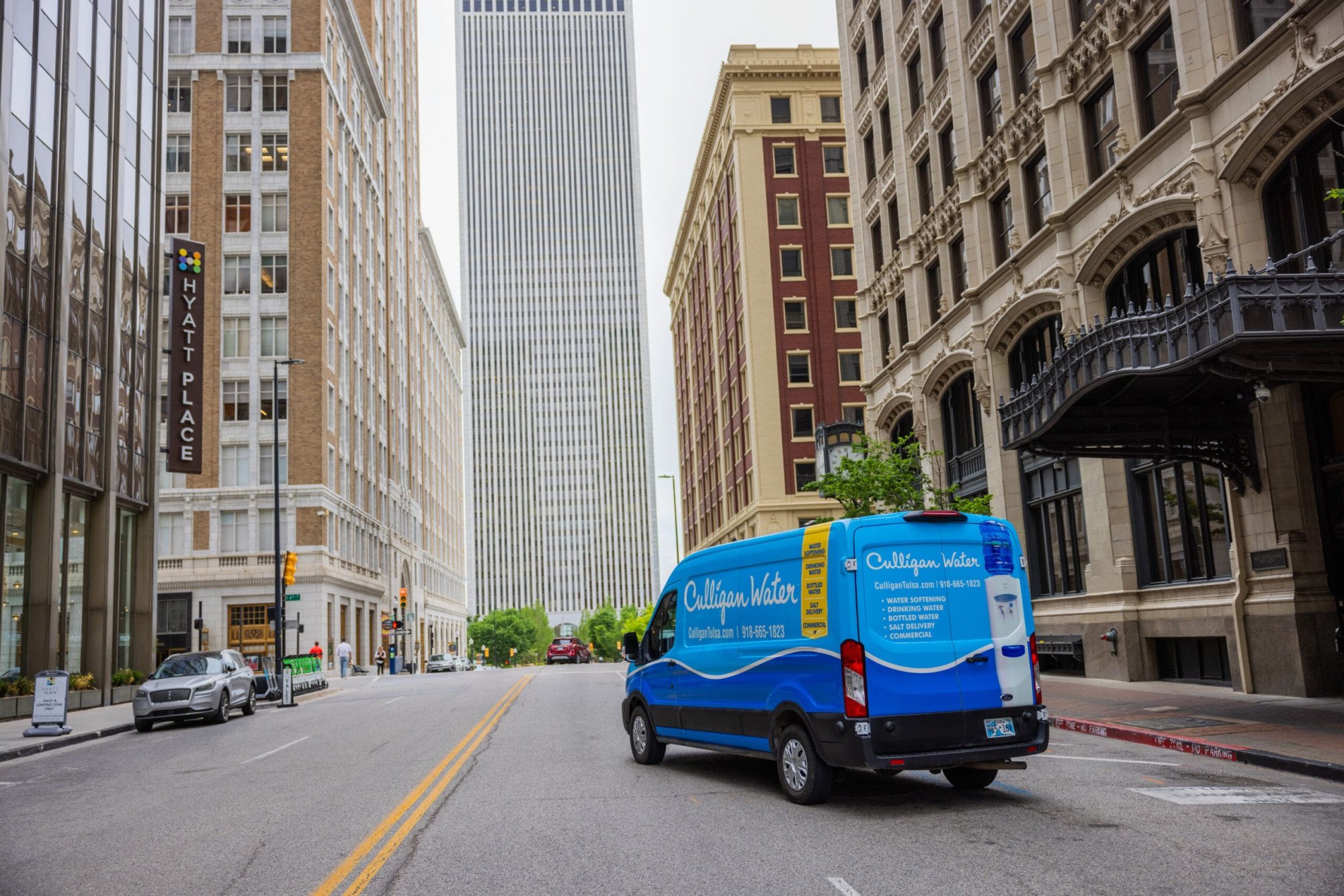 Culligan Water truck driving through downtown Tulsa